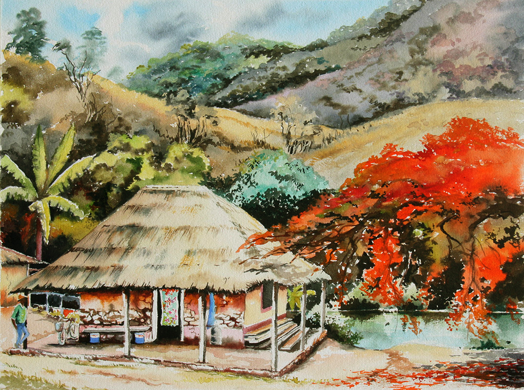 aquarelle sur papier-Case vers Amoa ( Eric VALET )